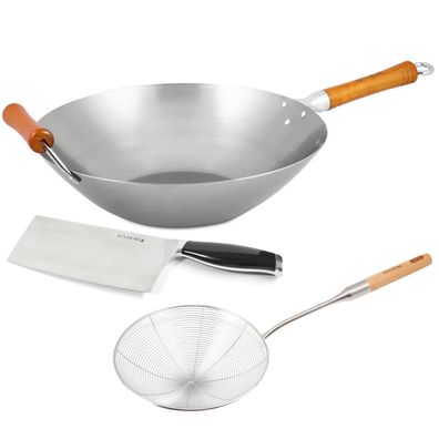 Ken Hom 3-tlg. Wok Set 36 cm Induktion Karbonstahl mit Schaumlöffel & Hackmesser