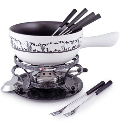 Swissmar Käsefondue Set 9-tlg. Keramik weiss Fondue Topf Ø 23 cm für 6 Personen