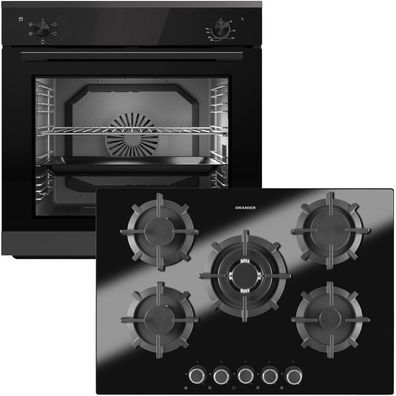 Oranier Backofen Set 5 Funktionen Einbau autark & 5 Kochzonen Gas-Kochfeld 75 cm