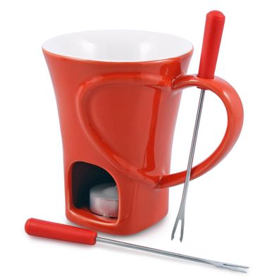 Swissmar Schokoladen Fondue Becher 125 ml rot Keramik Tasse 4-teilig & 2 Gabeln