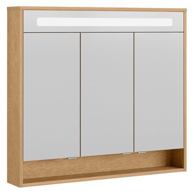 Fackelmann 3-türiger LED Bad Spiegelschrank ca. 90cm braun 2x USB Anschluss Fach