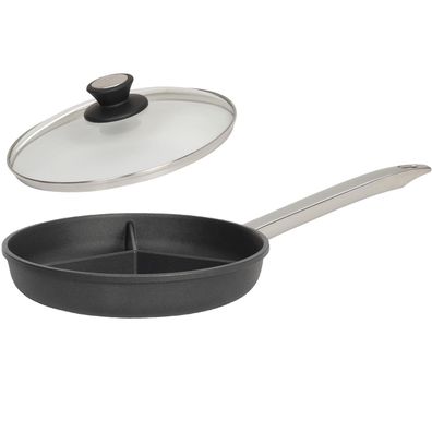 SKK Pfanne 28 cm Bratpfanne 3-geteilt Induktion Edelstahlgriff & Deckel aus Glas