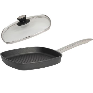 SKK Guss Eck-Grill-Pfanne 28x28 cm Induktion Antihaft Edelstahlgriff mit Deckel