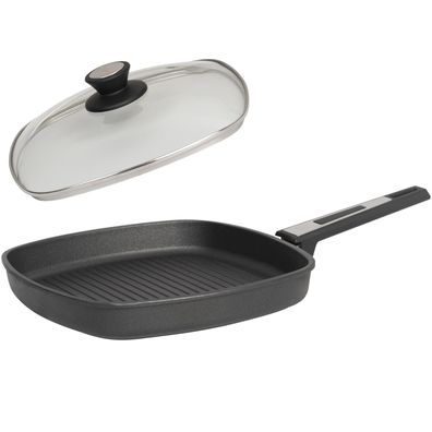 SKK flache Guss Eck-Grill-Pfanne 26 cm Induktion Antihaft Steakpfanne mit Deckel