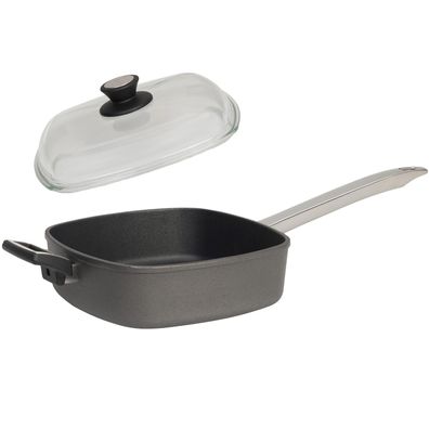 SKK Guss Grillpfanne 28x28 cm Induktion viereckig Edelstahlgriff mit Glasdeckel