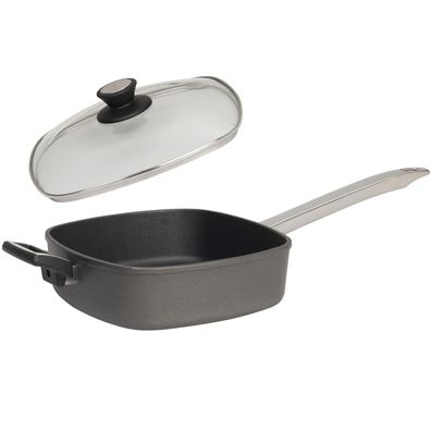 SKK Guss Grillpfanne 28 cm Induktion viereckig Edelstahlgriff & Deckel aus Glas