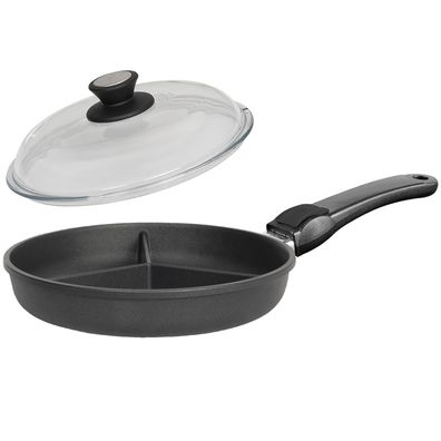 SKK Pfanne Ø 28 cm Guss 3er Steg Bratpfanne beschichtet Griff abnehmbar & Deckel