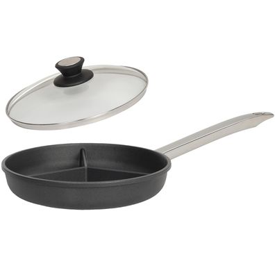 SKK Guss Bratpfanne 28 cm Pfanne 3-fach Steg Edelstahl-Griff & Deckel aus Glas