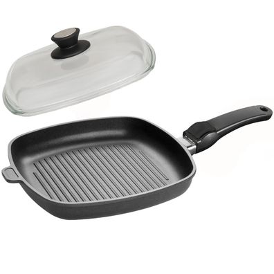 SKK Grill-Pfanne 28x28 cm flach eckig Guss beschichtet Griff abnehmbar & Deckel