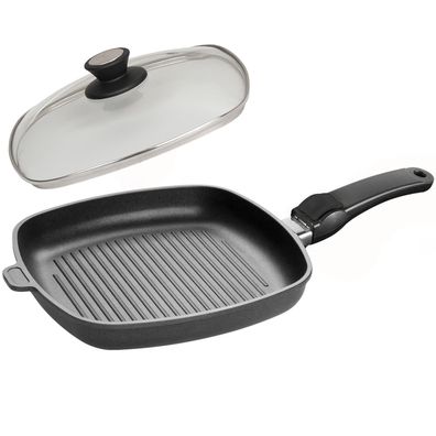 SKK eckige Grill-Pfanne 28x28 cm flach Guss beschichtet Griff abnehmbar & Deckel