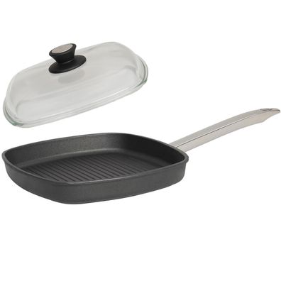 SKK Grill-Pfanne 28x28 cm flach eckig Guss beschichtet Edelstahl-Griff & Deckel