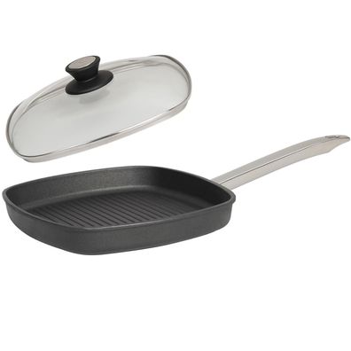 SKK eckige Grill-Pfanne 28x28 cm flach Guss beschichtet Edelstahl-Griff & Deckel