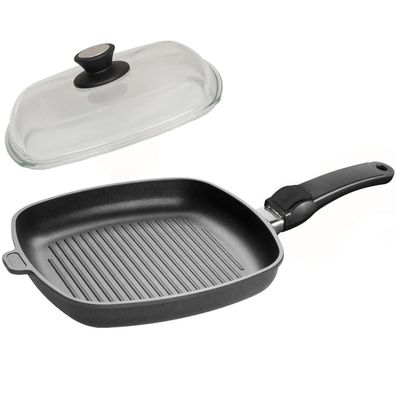 SKK Grill-Pfanne 26x26 cm flach eckig Guss beschichtet Griff abnehmbar & Deckel