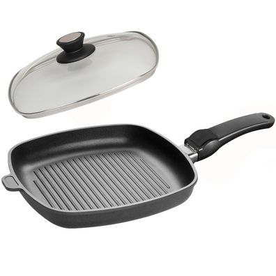 SKK eckige Grill-Pfanne 26x26 cm flach Guss beschichtet Griff abnehmbar & Deckel