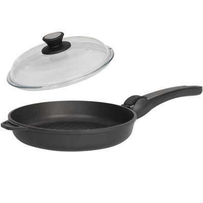 SKK Guss Grill-Pfanne 28 cm Bratpfanne gerippt Antihaft Griff abnehmbar & Deckel