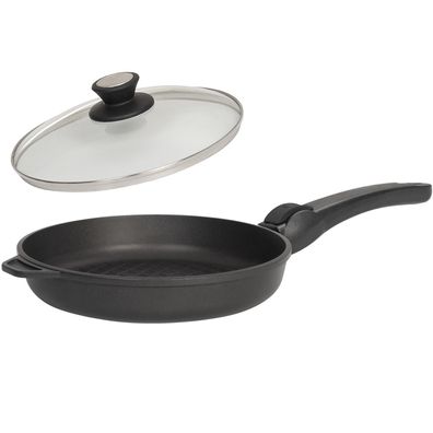 SKK Guss Bratpfanne 28 cm Grill-Pfanne gerippt Antihaft Griff abnehmbar & Deckel