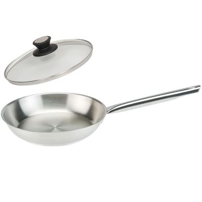 SKK Edelstahl Bratpfanne 24 cm klein Induktion rostfreie Profi Pfanne mit Deckel