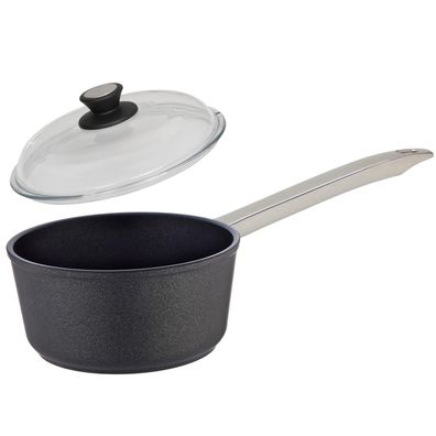 SKK Soßentopf 18cm Induktion Aluguss Stielkasserolle Edelstahlgriff & Glasdeckel