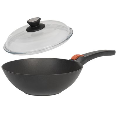 SKK Wok Pfanne Ø 30 cm Induktion Bratpfanne Aluguss Griff abnehmbar & Glasdeckel