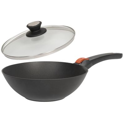 SKK Wok Pfanne 30cm Induktion Bratpfanne Aluguss Griff abnehmbar Deckel aus Glas