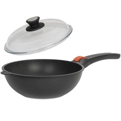 SKK Wokpfanne Ø 28 cm Induktion Guss Antihaft Stielwok Griff abnehmbar & Deckel