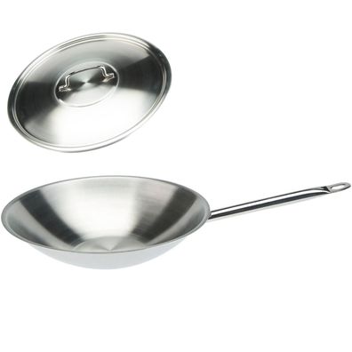 SKK Edelstahl Wok-Pfanne Ø 36 cm Induktion mit flachem Boden & Edelstahl-Deckel