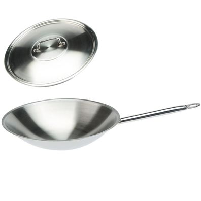 SKK Edelstahl Wok-Pfanne Ø 36 cm Induktion mit rundem Boden & Edelstahl-Deckel