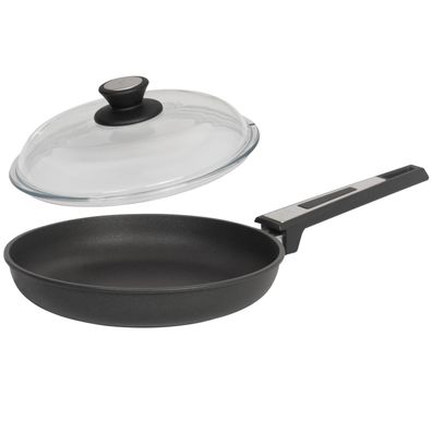 SKK Bratpfanne Ø 24 cm Aluguss Induktion Antihaft Flachrand-Pfanne & Glasdeckel