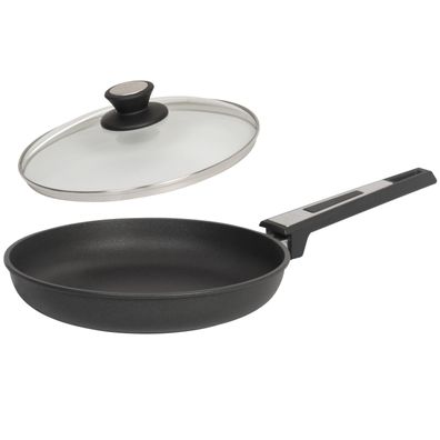 SKK Bratpfanne 24 cm Aluguss Induktion Antihaft Flachrand-Pfanne Deckel aus Glas