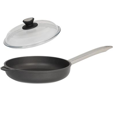 SKK Guss Bratpfanne 28 cm Antihaft Pfanne hoch Induktion Edelstahlgriff & Deckel