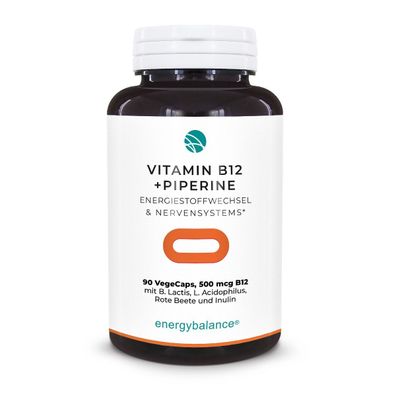 Vitamin B12 biologisch aktiv 500µg + Piperin, 90 VegeCaps - EnergyBalance