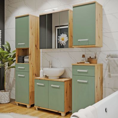 Badezimmer Viola 10 Salbei 5-teilig Hochschrank Unterschrank LED