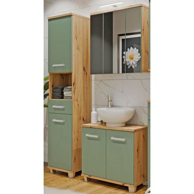 Badezimmer Viola 11 Salbei 3-teilig Hochschrank LED