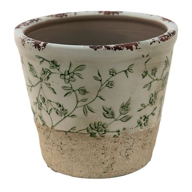 Clayre & Eef Blumentopf Ø 12x10 cm Grün Weiß Keramik Blätter (Gr. Ø 12x10 cm)