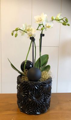 Weihnachtsgruß Gesteck frische Orchidee Table Dance 3 Trieber mit Topf schwarz