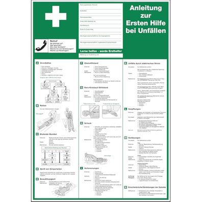 Aushang, Anleitung zur Ersten Hilfe bei Unfällen, versch. Sprachen