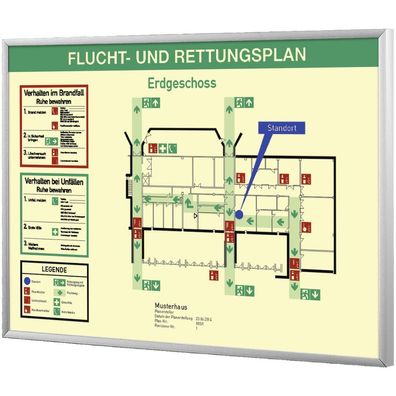 Flucht- und Rettungsplan in DIN-Formaten, mit Aluminiumrahmen