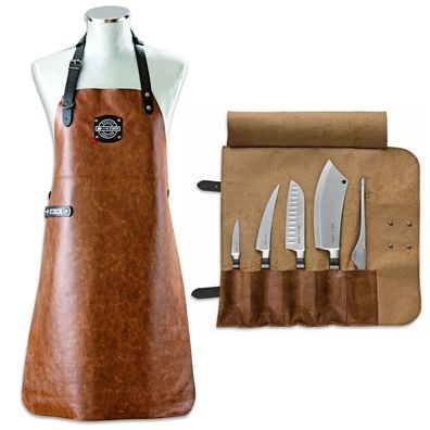 braune Leder-Grill-Tasche mit 5 bestückten Fächern - hochwertige geschmiedete Messer