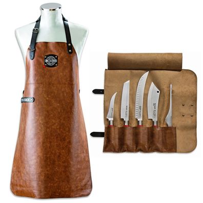 Dick Red Spirit bestückte 5-teilige Messer Leder Rolltasche & Ledergrillschürze