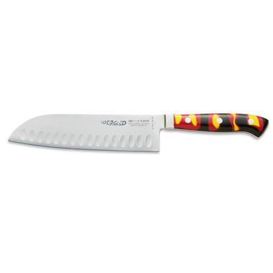 Dick Santokumesser 18 cm Kullenschliff Klinge hochlegierter Stahl schwarz-rot-gelber