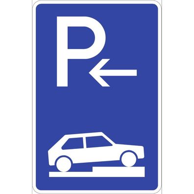 Parken halb auf Gehwegen quer rechts (Anfang), Symbolschild, StVO