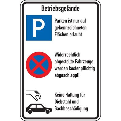 Schild Betriebsgelände, P + Parkverbot + Diebstahl, Aluminium, 600x900mm