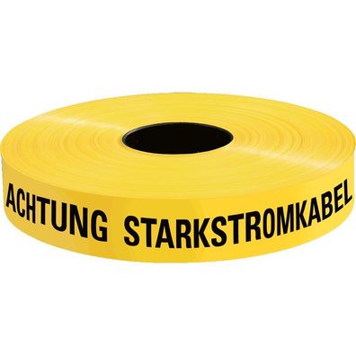 Trassenwarnband Achtung Starkstromkabel, gelb, Polyethylen, 250m/ Rol