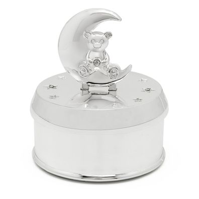 Kinder Spieluhr Bär & Mond versilbert Dose Musikbox 7.4x7.4 cm silber Spieldose