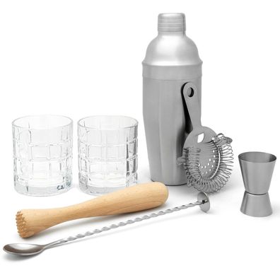 Cocktail Shaker Set 0.7 Liter Edelstahl matt 7-teilig Bar Mixer 2 Gläser Barset