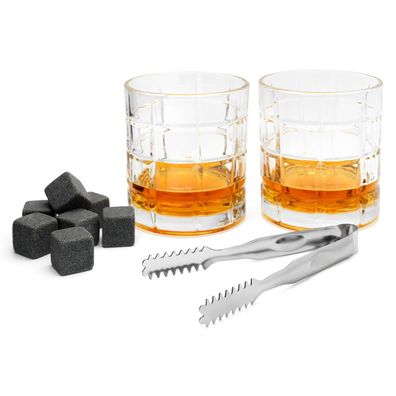 Whiskeygläser Geschenk Set Trinkgläser Edelstahl Zange & 6 Eiswürfel aus Granit