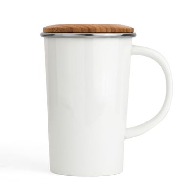 Teebecher to Go 400 ml Teetasse Porzellan Holzdeckel & Edelstahl-Teefilter-Sieb