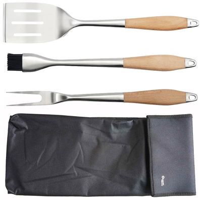 BBQ Grillbesteck 4-tlg. Edelstahl Besteck Set Holzgriffe & schwarzer Grilltasche