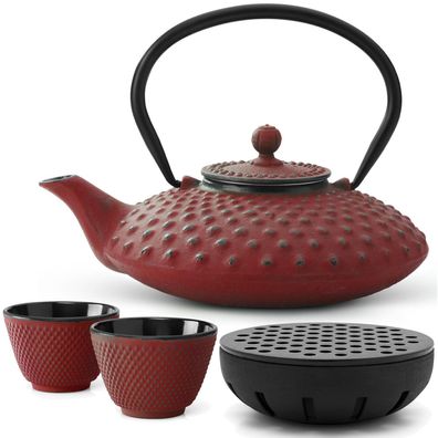 Asia Teekannen Set 0.8 L rot Stövchen 2 Becher Teeservice Gusseisen & Tee-Sieb