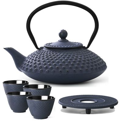 Teekanne Set 1.25L blau Asia Gusskanne 4 Becher Untersetzer Teeservice Gusseisen